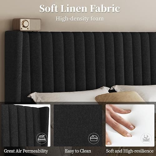 Yaheetech Queen Bed Frame Upholstered Platform Bed with Fabric Headboard, Wing Edge Design/Non-Slip and Noise-Free/Wooden Slats Support/No Box Spring Needed/Easy Assembly, Black Queen Bed thumbnail 5