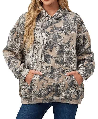 Eutten Womens Camo Hoodies Maple Leaf Print Oversized Hooded Sweatshirt Fleece Pullover Sweatshirts Long Sleeve with Pocket - Image 1