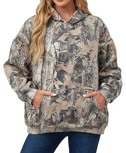 Eutten Womens Camo Hoodies Maple Leaf Print Oversized Hooded Sweatshirt Fleece Pullover Sweatshirts Long Sleeve with Pocket - Small - Dark Green