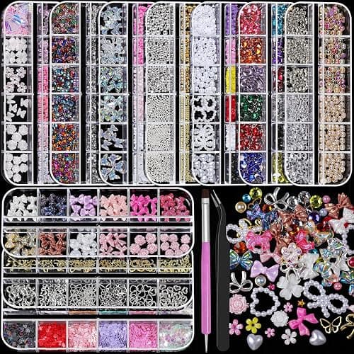 Nail Charms and Gems, Charms for Nails Design Kit with 10 Boxes 3D Nail Charms Colorful Clear Flatback Rhinestones Pearls,Diamonds,Picker Tools,Rhinestone Stickers - Image 1