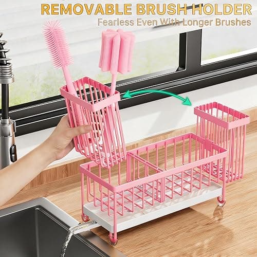 Cisily Sponge Holder for Kitchen Sink, Sink Caddy Organizer with High Brush Holder, Kitchen Countertop Organizers and Storage Essentials, Rustproof 304 Stainless Steel (Pink, 9.25″) thumbnail 5