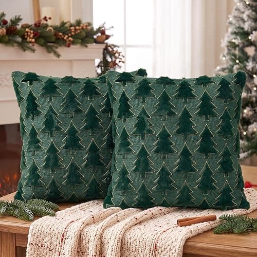 AVOIN colorlife Christmas Tree Green Throw Pillow Covers 18x18 Inch 2PC | Gold Border Christmas Tree Festivals Winter Soft Plush Faux Fur Cushion Case Decoration for Sofa Couch Set of 2 - Image 1