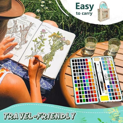 Watercolour Paint Travel Sets with Palette - 128 Art Supplies Water Color Painting Professional Kit for Kids Adults Artists - Portable Metallic Watercolours Mini Box with Major Brushes Watercolor Pens thumbnail 7