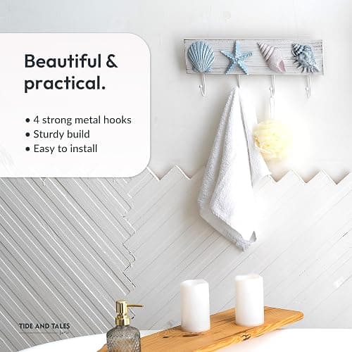 Tide and Tales Seashell Towel Rack, Beach Decor for Bathroom, Coastal Theme | 16.5", 3d Textured Seashells, 4 Strong Hooks, for Bathroom, Bedroom or Kitchen, Beach House Decor, Key Holder, Gift-Boxed thumbnail 7