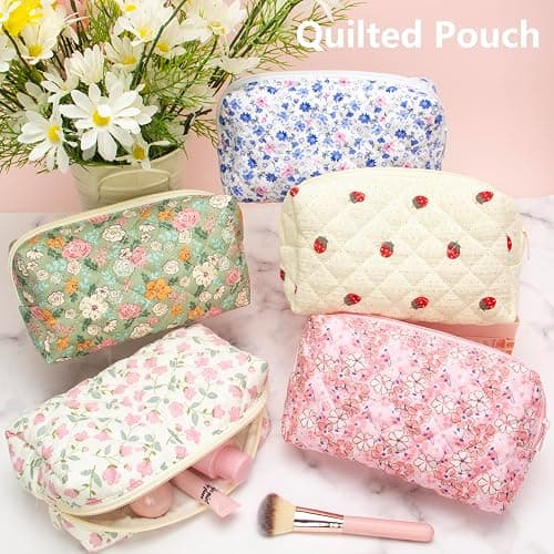 PAZIMIIK Vintage Quilted Makeup Bag Cosmetic Pouch for Brushes Pencils and Travel Make Up Accessories for Women and Girls Flower White thumbnail 2