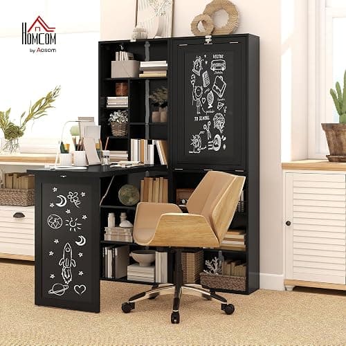 HOMCOM Fold-Out Convertible Writing Table, Computer Desk with Blackboard and Side Shelf Multi-Function Home Office Workstation, Black thumbnail 2
