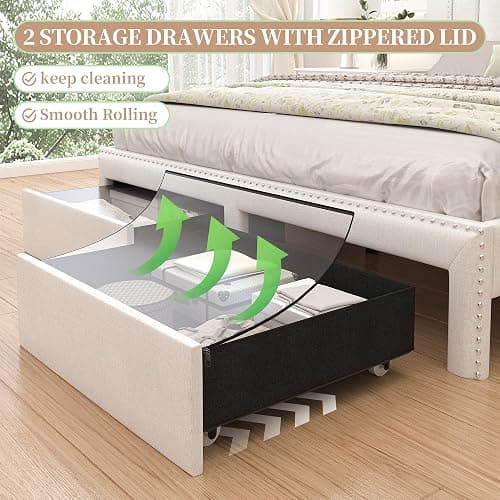 SIBEDS Full Bed Frame with 2-Tier Storage Headboard, Smart LED Beds with 2 Under Bed Storage Drawers, Linen Upholstered Platform Bedframe with Vertical Channel Tufted Wingback Rivet Decor, Natural thumbnail 5