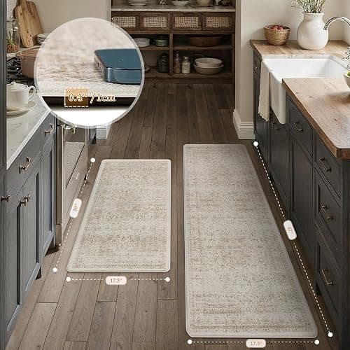 WondRg Vintage Kitchen Mats for Floor Anti Fatigue Waterproof Kitchen Rugs Sets of 2 Beige Cushioned Non-Slip Kitchen Mats Comfort Standing Mat for Sink Laundry Office 17.3"×47"+17.3"×30" thumbnail 2