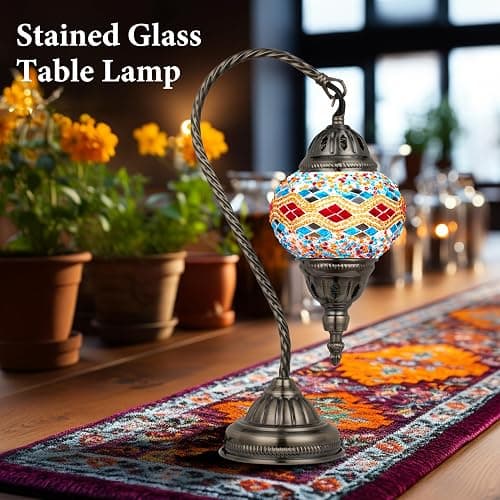 Marrakech Stained Glass Lamp Turkish Table Lamp with Tiffany Style, Handmade Moroccan Mosaic Lamps Vintage with Swan Neck Bronze Base Including LED Bulb for Living Room Bedroom Decor (Colorful3) thumbnail 2