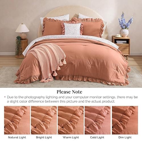 BLOOMHAVEN Queen Comforter Set - 7 Pieces Ruffle Autumn Leaf Bedding Sets, Shabby Chic Farmhouse Bed in a Bag Queen with Ruffle Comforter, Floral Sheets, Pillowcases & Shams thumbnail 9