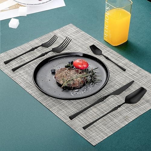 Lemeya 20-Piece Matte Black Silverware Set for 4,Modern 18/10 Stainless Steel Flatware Set,Unique Rustic Cutlery Utensils Set,Spoon and Fork Set for Home, Restaurant,Mirror Polished,Dishwasher Safe - Matte Black 20 Pieces Set with Tea Spoon thumbnail 7