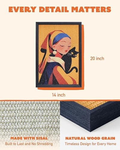 Decorative Wall Art Cat Scratcher for Vertical Scratching, 14"x20" Framed Sisal Scratch Pad Mat with Renter-Friendly No-Drill Wall Mounted Setup, Durable Alternative to Cardboard (Girl with Purr) thumbnail 3