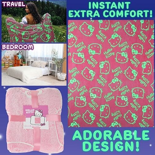 Hello Kitty Sanrio Glow in The Dark Throw Blanket 51x59” for Girls Teens Women, Soft Fleece Throw Blanket for Sofa Bed, Kawaii Gifts for Kids (Pink Hello Kitty) thumbnail 4