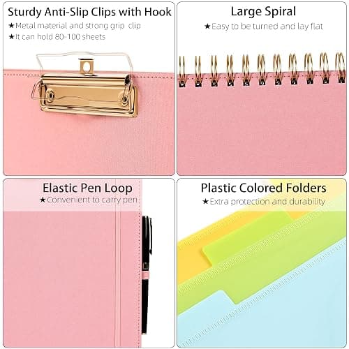 Ospelelf Pink Foldable Spiral Clipboard Folio with Storage Zipper Pouch, 5 Plastic Folders with 10 Pockets,Refillable Lined Notepad (11" x 8.5"), Hardcover Project Organizer with 39 Stickers thumbnail 5