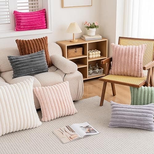 BAOLIZEGAO Double-Sided Faux Fur Plush Throw Pillow Covers 18x18 Set of 2 Fuzzy Striped Soft Cozy Pillowcase Luxury Decorative Pillows Square Shaggy Cushion Covers for Couch Sofa Bed,Pink thumbnail 2