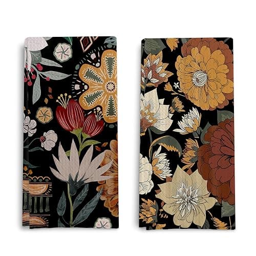 Qpenm Abstract Floral Kitchen Dish Towels - Vintage Waffle Weave Kitchen Towels, Retro Flower Waffle Weave Decorative Kitchen Towels, Boho Hand Towels for Bathroom (16×24 Inches) - Image 1