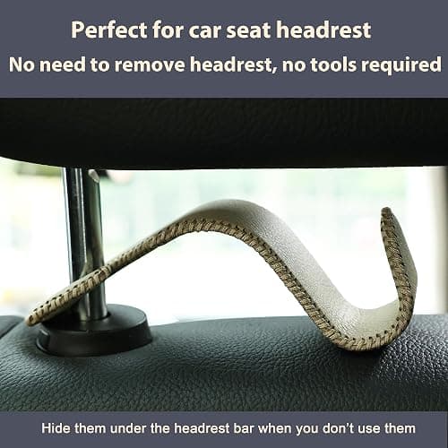 Amooca Car Seat Headrest Hook Universal Vehicle Storage Hanger Leather with Metal Car Seat Back Organizer for Handbag Purse Coat Beige 2 Pack thumbnail 4