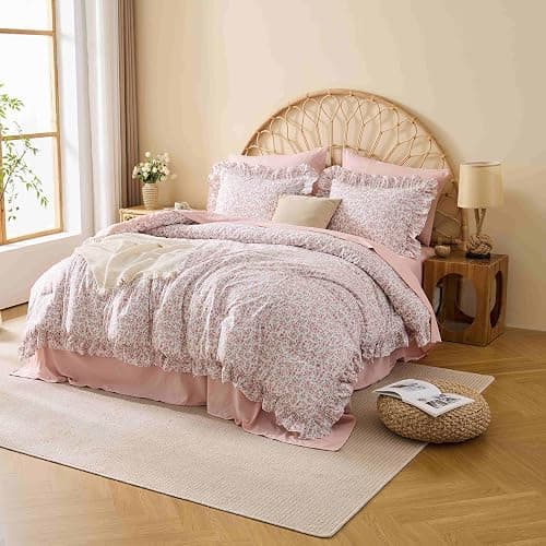 Veniklo Queen Comforter Set 7 Pieces Floral Pink Ruffle Bedding Set | Soft pre-washed fabric, shabby chic ruffle bedding, reinforcing ruffles, all season bed in a bag for bedroom, breathable thumbnail 2