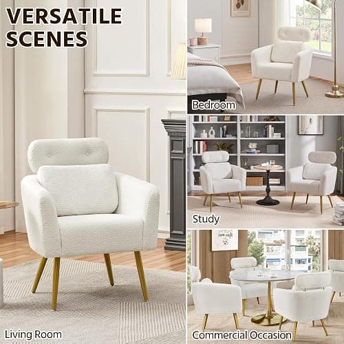 Yaheetech Tub Chair, Cozy Living Room Chair with Adjustable Headrest, Boucle Armchair with Lumbar Pillow and Golden Legs, Modern Accent Chair for Bedroom Lounge Waiting Room Office, White - White - 1 thumbnail 5