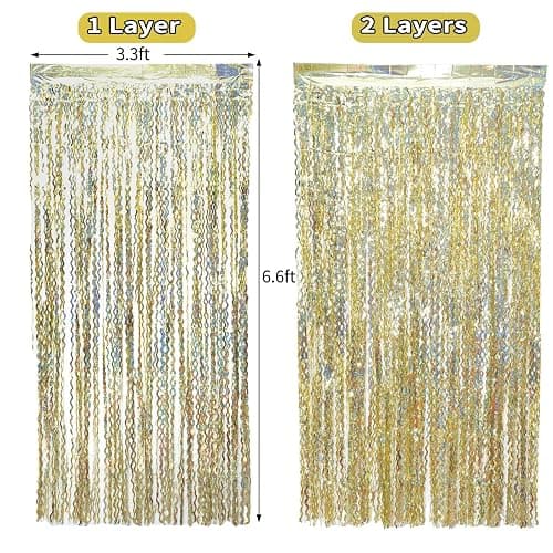 4 Pack Wavy Sparkle Champagne Gold Metallic Tinsel Foil Fringe Curtains Photo Booth Backdrop | Gold Streamer Backdrop for Holiday Celebration Bachelorette Party Decorations thumbnail 3
