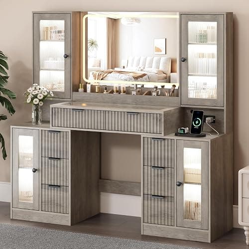 ANYMAPLE Fluted Vanity Desk with Mirror & Lights | 8 Drawers & 4 Cabinets, Tempered Glass Top, RGB Cabinet Lighting, 3-Color Dimmable Mirror, Charging Station - Image 1