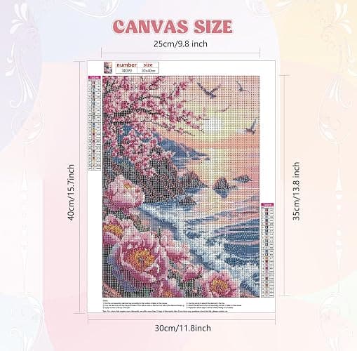 QENSPE Diamond Painting Art Kits for Adults, 5D DIY Sunset Seaside Diamond Art Round Full Drill Kits for Beginners, Pink Flowers Gem Peinture Diamant Craft Home Wall Decor Gift 30x40cm thumbnail 3