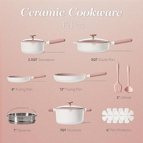 CAROTE Ceramic Cookware Set Nonstick, 15pcs Pots and Pans Set Non stick, Non Toxic Cookware,Dishwasher,RV/Camping Cookware Set, Pan and Pot with Kitchen Utensils, Pink thumbnail 3