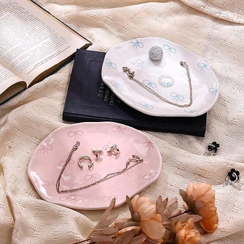 Koythin Ceramic Jewelry Tray, Cute Blue Bow Jewelry Dish for Women, Aesthetic Room Decor Trinket Dish for Birthdays Christmas Mother's Day (Blue Bow) thumbnail 8