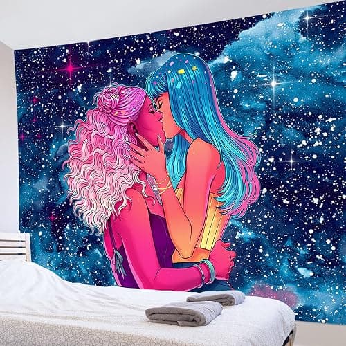 HVEST Lesbian Tapestry LGBT Girl Pride Love Rainbow Tapestries Wall Hanging Pretty Two Girls Kissing Tapestry Art Blanket for Living Room Bedroom Teen Dorm,80x60 Inches thumbnail 4
