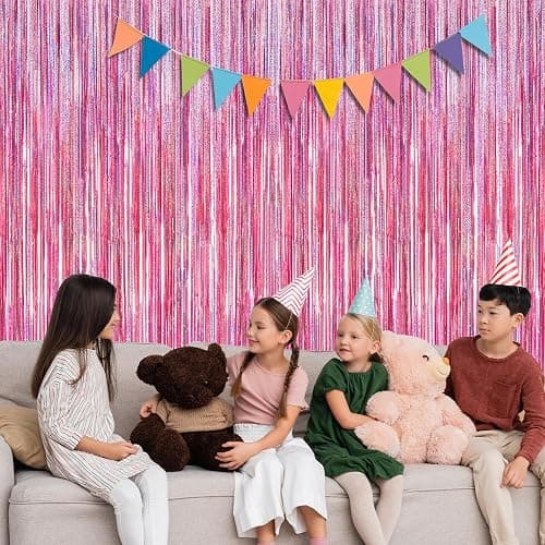 2 Pack Glitter Pink Backdrop, 3.28 FT x 7.05 FT Birthday Party Decorations, Laser Pink Fringe Curtains Foil Streamer Tinsel, Pink Curtains Photo Backdrop Happy Birthday Backdrop thumbnail 6