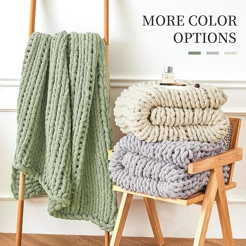 Chunky Knit Blanket Throw for Couch, 51"x63" Chunky Yarn Knitted Blankets | 100% Hand Knit Thick Chenille, Soft Breathable for Bed, Sofa, Home Decor, Cozy Gifts for Women Friends, Ivory thumbnail 10