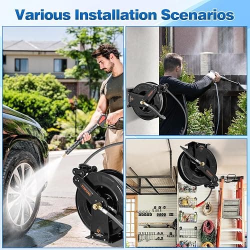 FIXFANS Pressure Washer Hose Reel with Hose for Hot and Cold Water, 3/8" X 50 FT Steel Auto-Retractable High Power Wash Hose Reel, Heavy Duty Hose Reel - Wire Braided Hose 4000 PSI, Black thumbnail 9