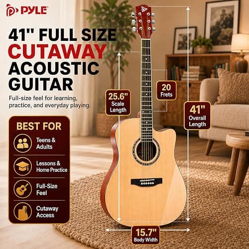 Pyle Beginner Acoustic Guitar Kit - Full Size 41” Cutaway Dreadnought Natural Matte Finish w/ Upgraded Gig Bag, Tuner, Steel Strings, Picks, Strap, Capo, For Beginners/Adults - (Natural, Premium Kit) thumbnail 3
