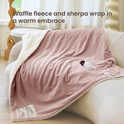 blunique Heated Blanket Electric Throw Waffle, 50x60 Inches Sherpa Fleece Fast Heating Blanket 6 Heating Levels & 4 Hours Auto Off ETL Certification, Pink Throw thumbnail 2