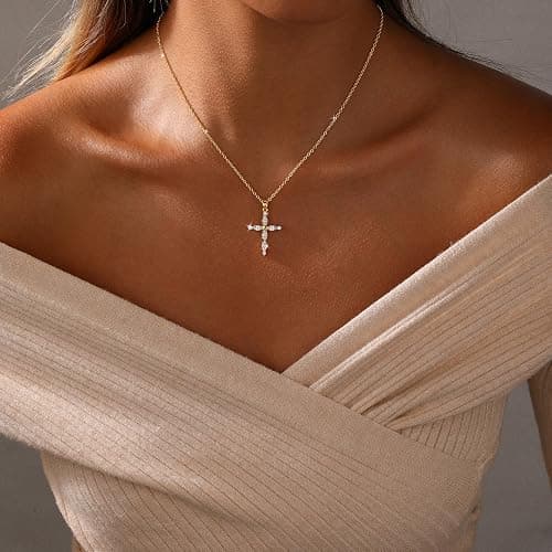 Lyncory Cross Necklace for Women,14K Gold/Silver Plated CZ Cross Charm Choker Pendant Dainty Gold Necklace Round Diamond Faith Religious Trendy Gifts for Women thumbnail 4