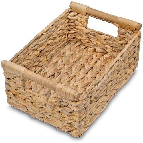 VATIMA Hyacinth Small Wicker Basket 11.6x8.1x4.9" - Bathroom Organizer, Wooden Handle, Decorative Storage - Image 1