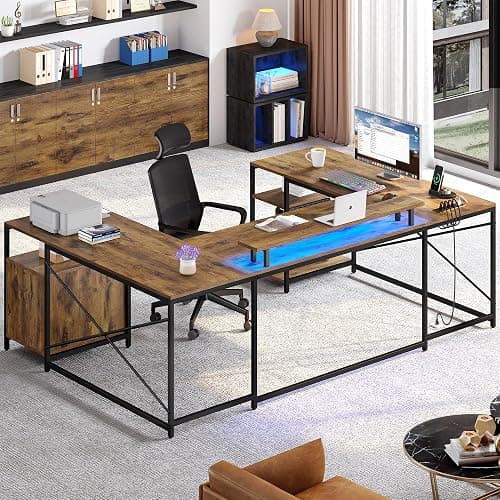 YITAHOME U Shaped Desk with Power Outlets & LED Lights, 79" Reversible L Shaped Desk with Drawers, Corner Computer Desk Office Desk with Monitor Stand & Storage Shelves, Rustic Brown thumbnail 6
