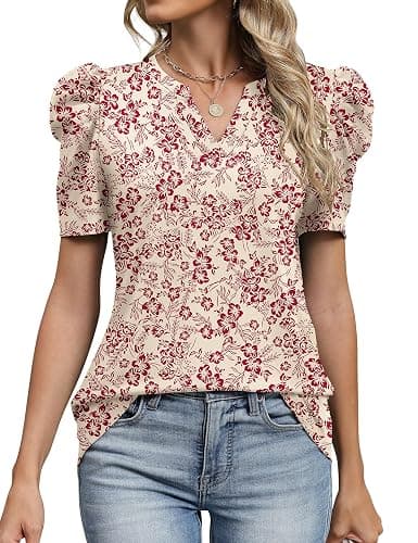 LOMON Spring Summer Tops for Women 2026 V Neck Puff Short Sleeve Tops Fashion Trendy Work Blouses Dressy Casual S-XXL thumbnail 2