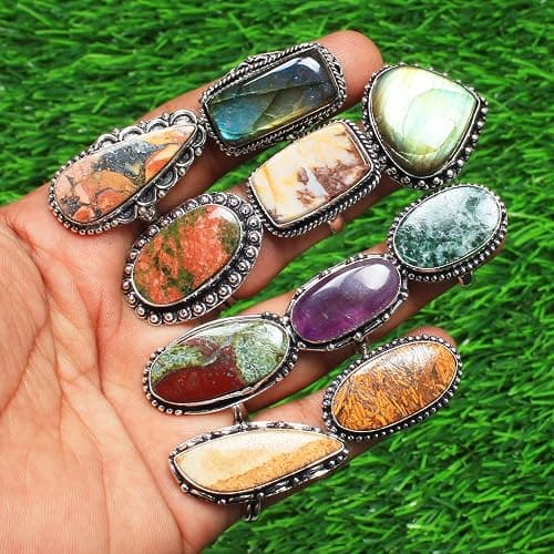 Silver Carats Women's Chunky Silver Rings - 5 Pcs Fashion Ring Set, Silver Plated, Handmade Gemstone - Stackable Gothic Vintage Pack thumbnail 2