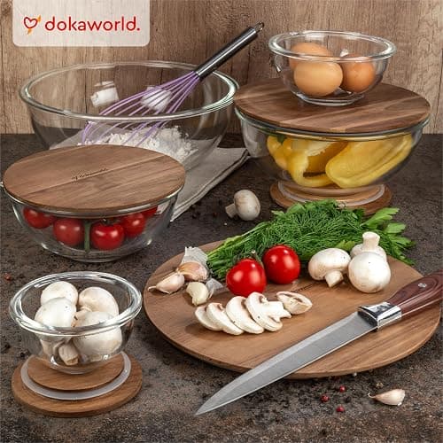 dokaworld Set of 5 Nesting Glass Bowls with New Updated Acacia Lids for Foodprep, Storage, Mixing & Cooking - Microwave & Oven-ready BPA Free Durable Heat Resistant Inert Borosilicate Glass thumbnail 2