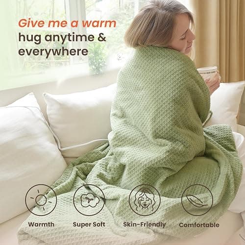 blunique Heated Blanket Electric Throw Waffle, 50x60 Inches Sherpa Fleece Fast Heating Blanket 6 Heating Levels & 4 Hours Auto Off ETL Certification, Sage Throw thumbnail 3