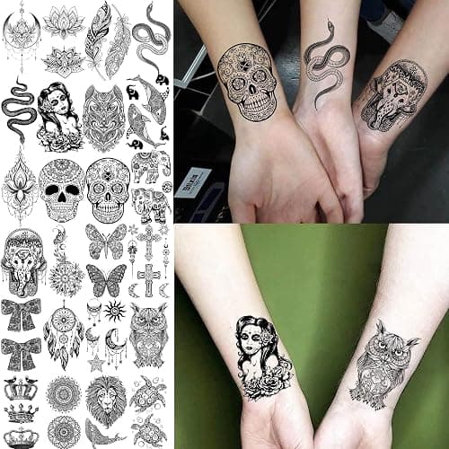 Bilizar 32 Sheets 89+ PCS Black Lotus Temporary Tattoos For Women Hands Adults Underboob, Tribal Indian Elephant Skull Snake Fake Tattoos, Bulk Bohemia Butterfly Tattoo Kit Sets Mandala Flower Moon thumbnail 6