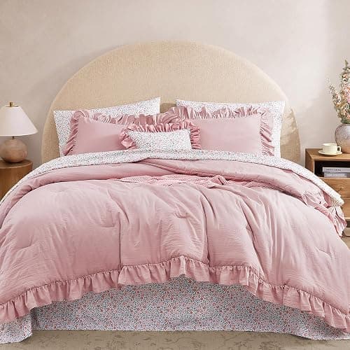 BLOOMHAVEN Twin XL Comforter Set - 5 Pieces Ruffle Soft Pink Bedding Sets, Shabby Chic Farmhouse Bed in a Bag Twin XL with Ruffle Comforter, Floral Sheets, Pillowcases & Shams - Image 1
