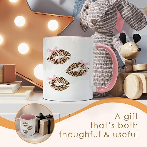 Foyoulame Pink Bow Leopard Print Lips Coffee Mugs, Leopard Cheetah Mug - Preppy Coquette Bow, Coffee Teacup, Preppy Girly Gift Mugs for Women Girls, Coquette Cheetah Print Lips Ceramic CoffeeMug 11oz thumbnail 7