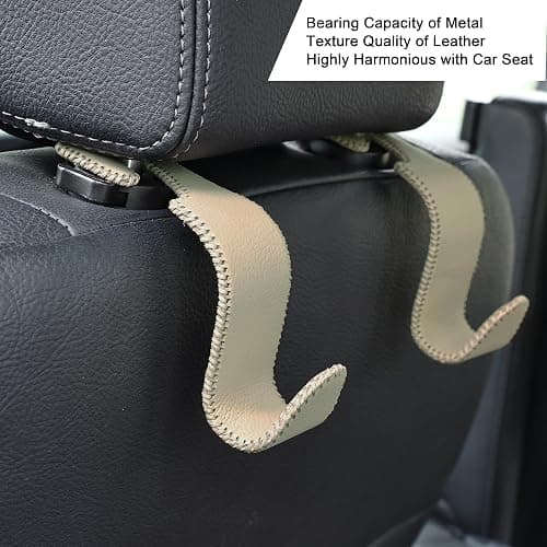 Amooca Car Seat Headrest Hook Universal Vehicle Storage Hanger Leather with Metal Car Seat Back Organizer for Handbag Purse Coat Beige 2 Pack thumbnail 7