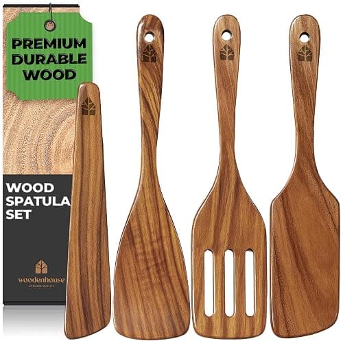 Wooden Spatula for Cooking, Teak Spatulas for Kitchen Use - Wooden Cooking Utensils Set of 4 including Paddle, Turner, Slotted Spurtle and Wood Scraper. Nonstick cookware, Kitchen Gifts for Women Men - Image 1