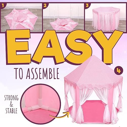 ORIAN Princess Castle Playhouse Tent for Girls with LED Star Lights – Indoor & Outdoor Large Kids Play Tent for Imaginative Games – ASTM Certified, 230 Polyester Taffeta. Pink 55"x53". thumbnail 5