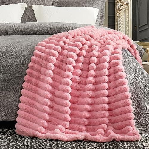 Cozy Bliss Faux Fur Throw Blanket for Couch, Cozy Warm Plush Striped Blanket for Sofa Bedroom Living Room, 50 * 60 Inches Hot Pink thumbnail 6