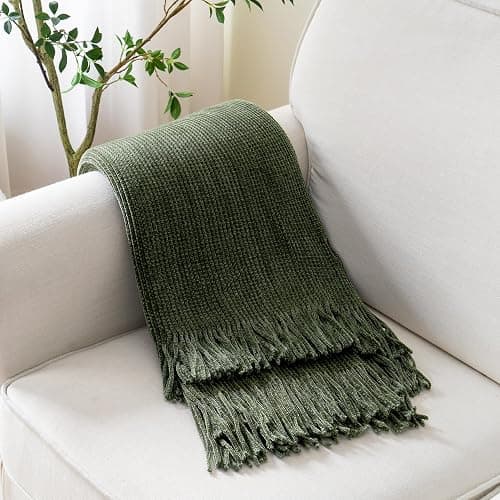 BATTILO HOME Olive Green Throw Blanket for Couch, Soft Chenille Knit Throws with Tassels for Home Decor, Green Blankets and Throws for Bed Couch Cover, 60"x80" thumbnail 9