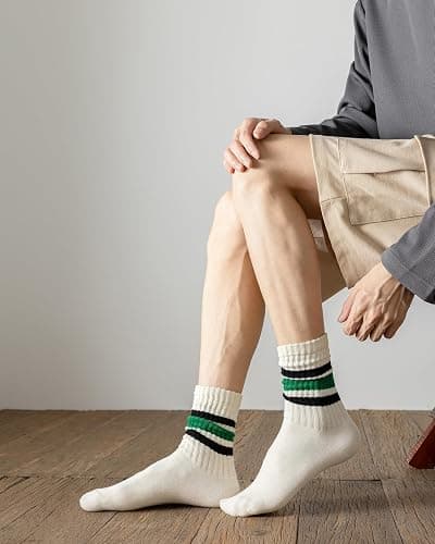 DarkCom Striped Crew Socks 5 Pairs Seamless Toe for Men and Women, Color of Light Cream, Casual Comfort thumbnail 6